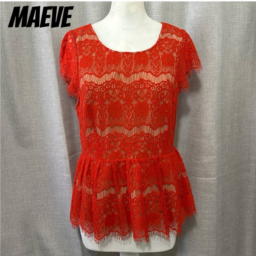 Maeve Lace Top-Bright Red Orange Coral Color-EUC